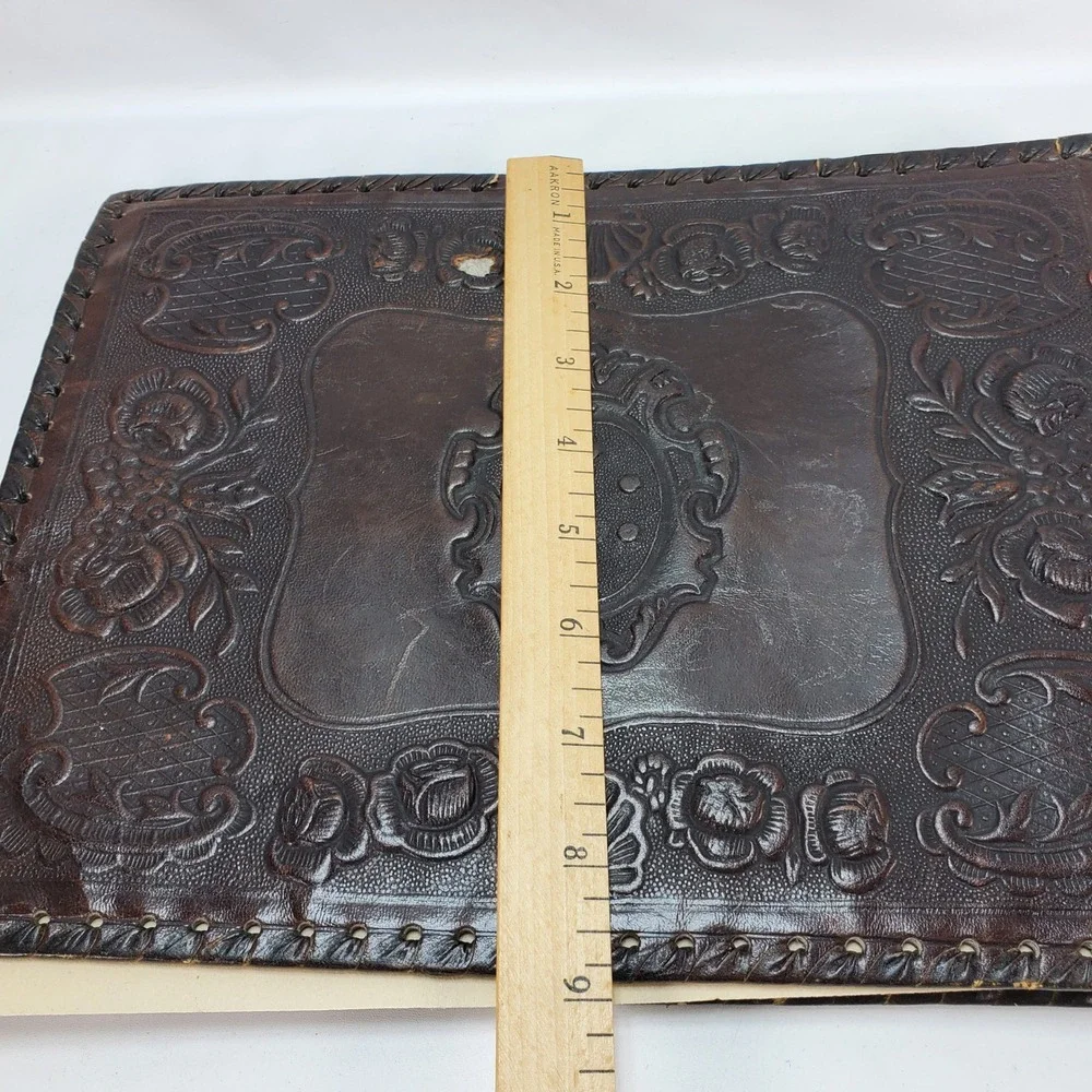 Vintage Tooled Leather Photo Album Brown Embossed Fleur-de-lis Whipstitch Edge